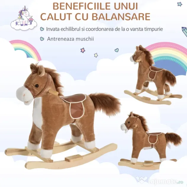 HOMCOM Căluț Balansoar din Lemn, pentru Copii 36-72 Luni cu Sunete Realiste și Șa, 65x32,5x61 cm, Maro | Aosom Romania