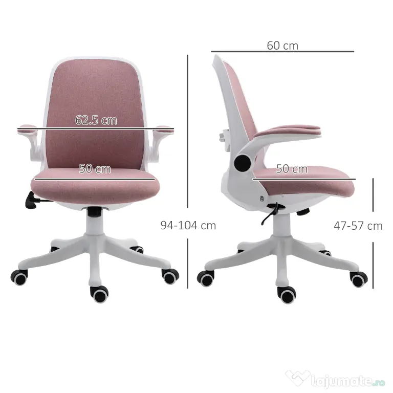 Vinsetto Scaun de Birou Balansoar cu Înălțime Reglabilă din Țesătură Efect Catifea, 62,5x60x94-104 cm, Roz | Aosom Romania