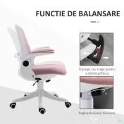 Vinsetto Scaun de Birou Balansoar cu Înălțime Reglabilă din Țesătură Efect Catifea, 62,5x60x94-104 cm, Roz | Aosom Romania