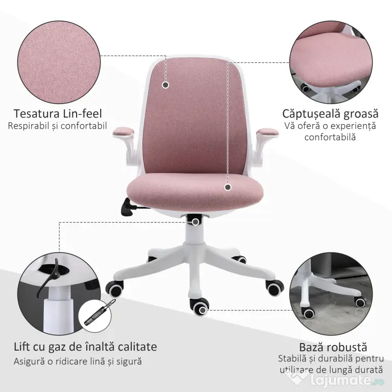 Vinsetto Scaun de Birou Balansoar cu Înălțime Reglabilă din Țesătură Efect Catifea, 62,5x60x94-104 cm, Roz | Aosom Romania