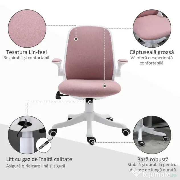 Vinsetto Scaun de Birou Balansoar cu Înălțime Reglabilă din Țesătură Efect Catifea, 62,5x60x94-104 cm, Roz | Aosom Romania