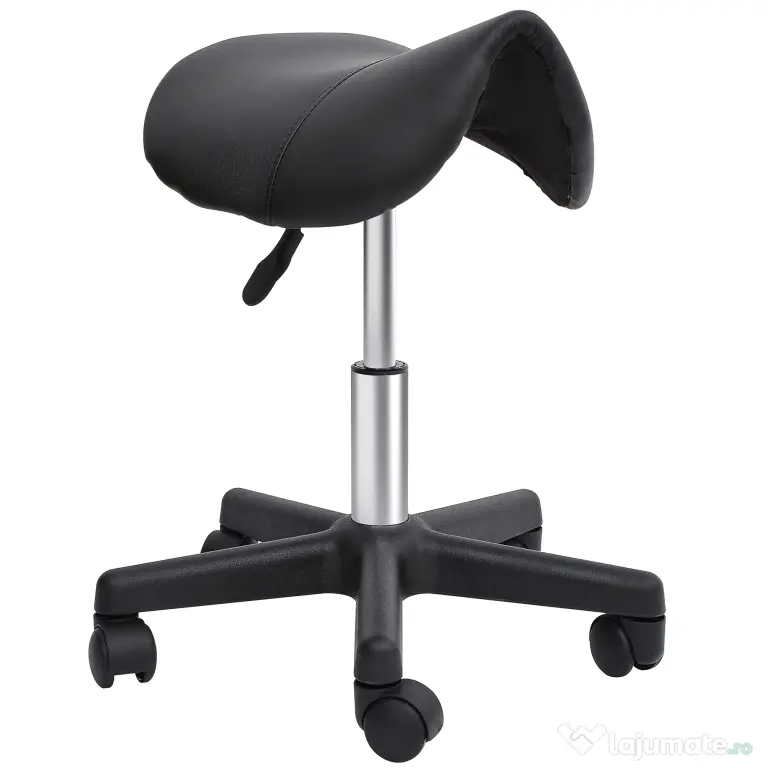 HOMCOM Scaun Rotativ cu Roți, Scaun pentru Coafor și Estetician cu Înălțime Ajustabilă, Tapițat cu Piele Ecologică, 35x38x43-55 cm, Negru