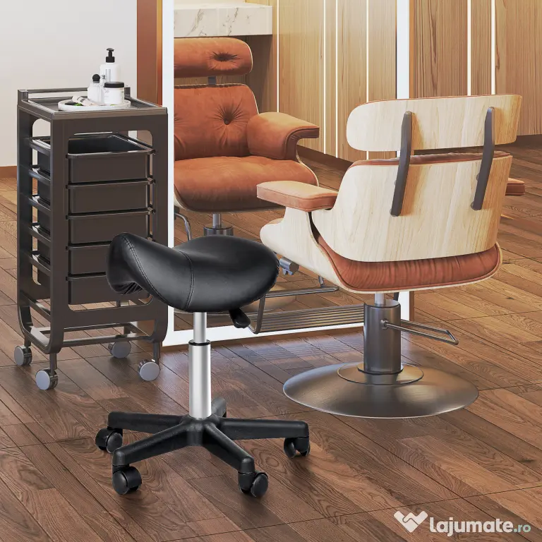 HOMCOM Scaun Rotativ cu Roți, Scaun pentru Coafor și Estetician cu Înălțime Ajustabilă, Tapițat cu Piele Ecologică, 35x38x43-55 cm, Negru