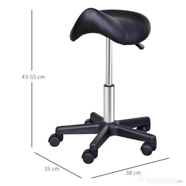 HOMCOM Scaun Rotativ cu Roți, Scaun pentru Coafor și Estetician cu Înălțime Ajustabilă, Tapițat cu Piele Ecologică, 35x38x43-55 cm, Negru