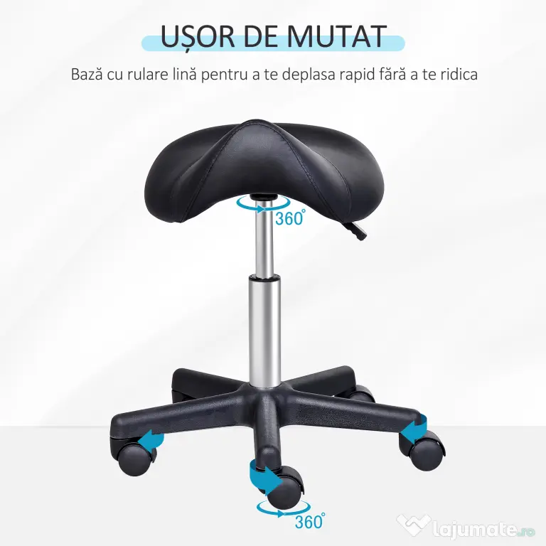 HOMCOM Scaun Rotativ cu Roți, Scaun pentru Coafor și Estetician cu Înălțime Ajustabilă, Tapițat cu Piele Ecologică, 35x38x43-55 cm, Negru