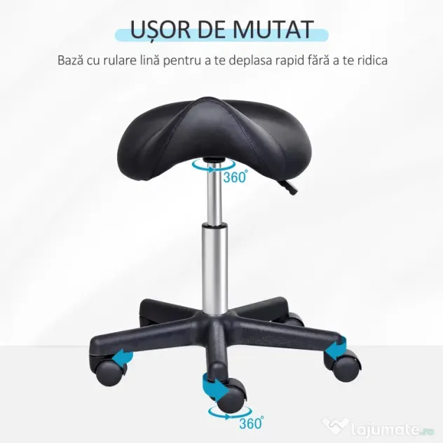 HOMCOM Scaun Rotativ cu Roți, Scaun pentru Coafor și Estetician cu Înălțime Ajustabilă, Tapițat cu Piele Ecologică, 35x38x43-55 cm, Negru