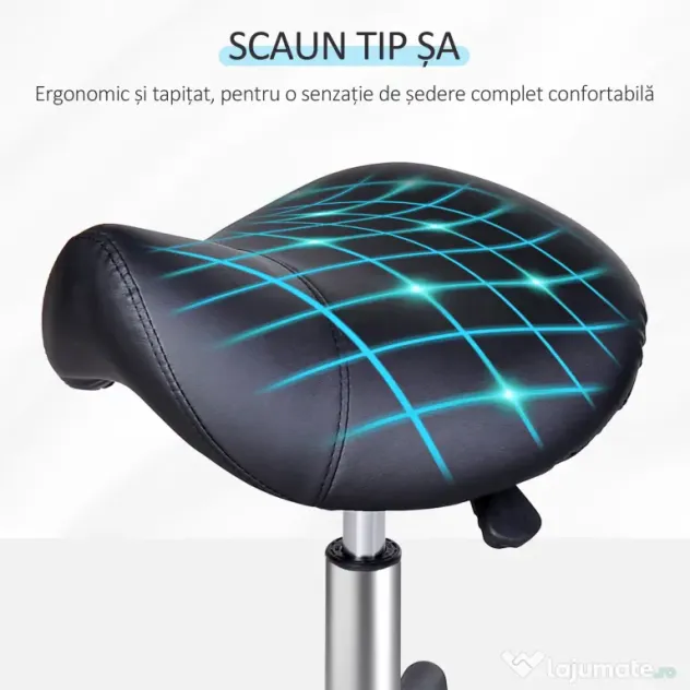 HOMCOM Scaun Rotativ cu Roți, Scaun pentru Coafor și Estetician cu Înălțime Ajustabilă, Tapițat cu Piele Ecologică, 35x38x43-55 cm, Negru