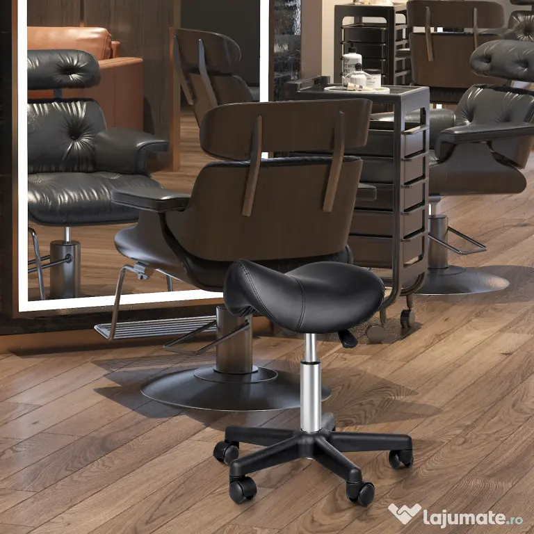 HOMCOM Scaun Rotativ cu Roți, Scaun pentru Coafor și Estetician cu Înălțime Ajustabilă, Tapițat cu Piele Ecologică, 35x38x43-55 cm, Negru