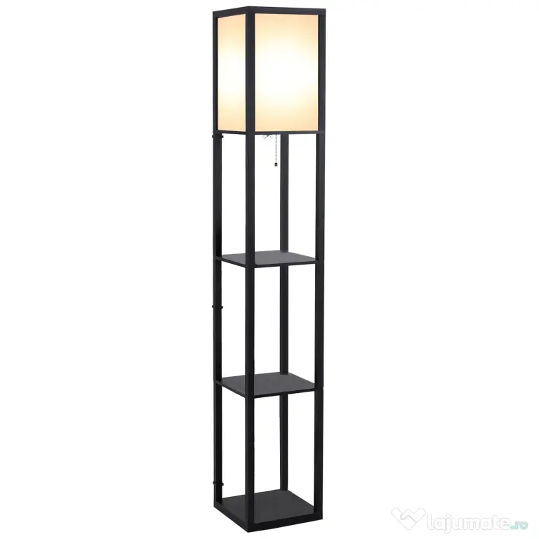HOMCOM Lampă de podea cu rafturi pentru cărți, Design Modern, 3 Nivele, Cablu Metalic, 26x26x160cm, Negru-Alb | Aosom Romania