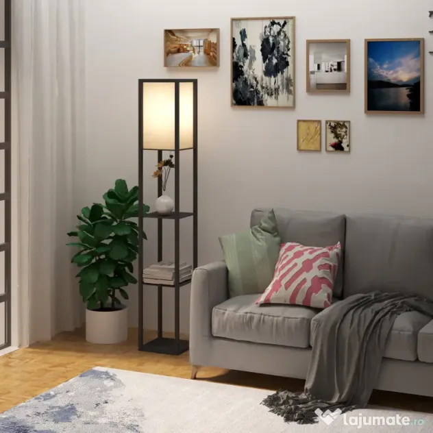 HOMCOM Lampă de podea cu rafturi pentru cărți, Design Modern, 3 Nivele, Cablu Metalic, 26x26x160cm, Negru-Alb | Aosom Romania