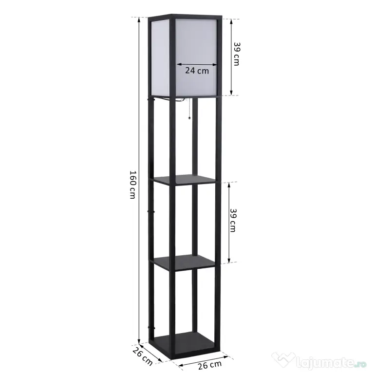 HOMCOM Lampă de podea cu rafturi pentru cărți, Design Modern, 3 Nivele, Cablu Metalic, 26x26x160cm, Negru-Alb | Aosom Romania