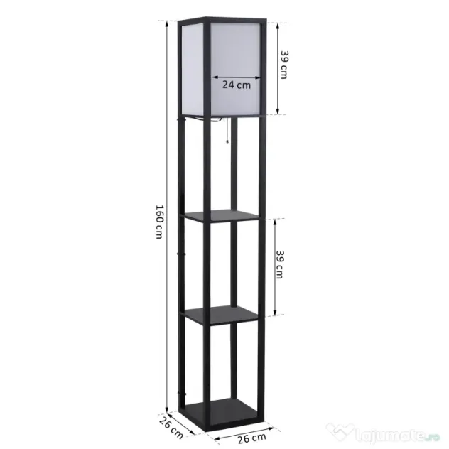 HOMCOM Lampă de podea cu rafturi pentru cărți, Design Modern, 3 Nivele, Cablu Metalic, 26x26x160cm, Negru-Alb | Aosom Romania