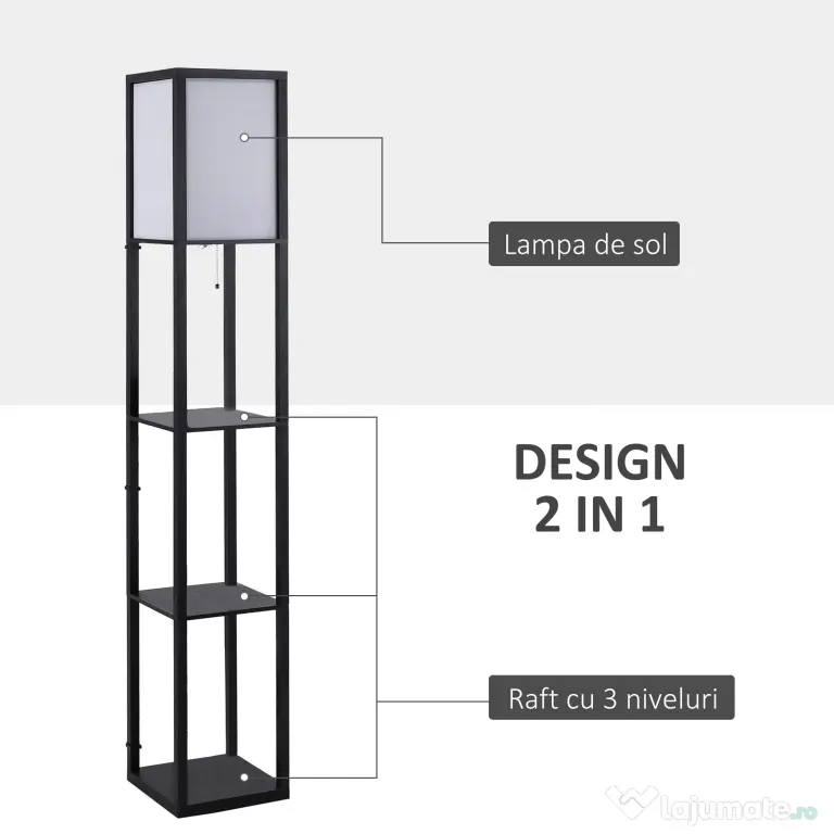 HOMCOM Lampă de podea cu rafturi pentru cărți, Design Modern, 3 Nivele, Cablu Metalic, 26x26x160cm, Negru-Alb | Aosom Romania