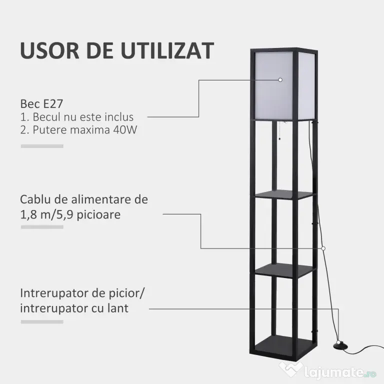 HOMCOM Lampă de podea cu rafturi pentru cărți, Design Modern, 3 Nivele, Cablu Metalic, 26x26x160cm, Negru-Alb | Aosom Romania