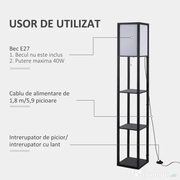 HOMCOM Lampă de podea cu rafturi pentru cărți, Design Modern, 3 Nivele, Cablu Metalic, 26x26x160cm, Negru-Alb | Aosom Romania