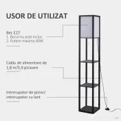 HOMCOM Lampa Pom cu Librarie 3 Niveluri Negru 26 x 26 x 160 cm 