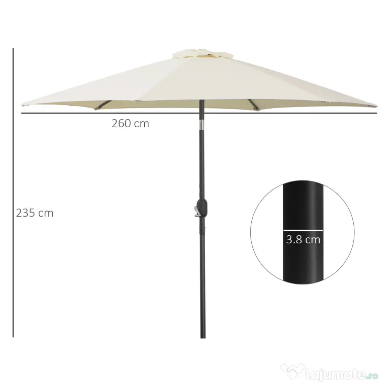 Outsunny Umbrelă de Grădină și Plajă Inclinabilă din Aluminiu și Poliester Alb Φ2.6×2.35m | Aosom Romania