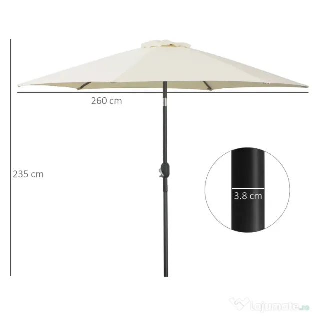 Outsunny Umbrelă de Grădină și Plajă Inclinabilă din Aluminiu și Poliester Alb Φ2.6×2.35m | Aosom Romania