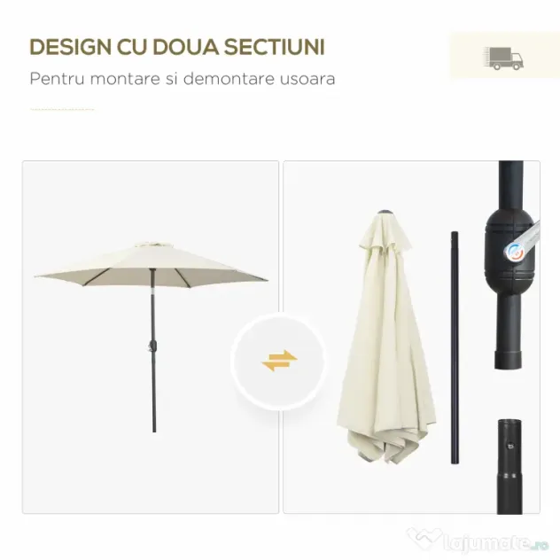 Outsunny Umbrelă de Grădină și Plajă Inclinabilă din Aluminiu și Poliester Alb Φ2.6×2.35m | Aosom Romania