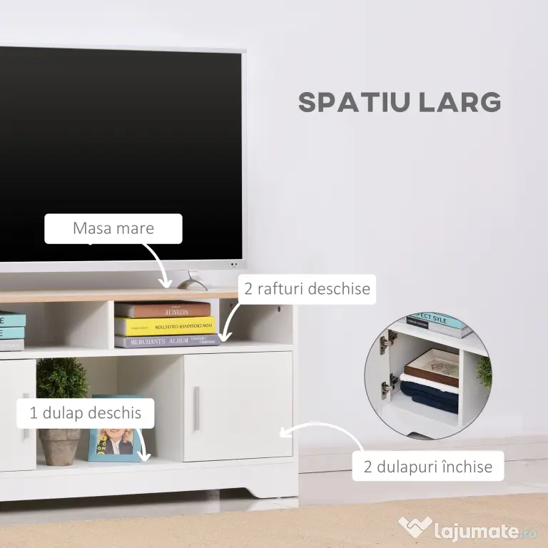 Mobilier pentru TV pana la 42", din fibra de lemn, 105x40x52cm, Alb si lemn natural HOMCOM | Aosom Romania