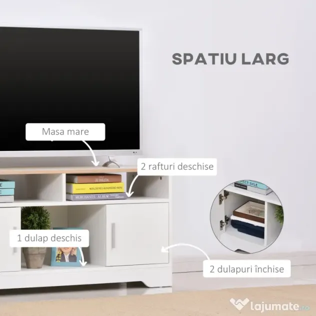 Mobilier pentru TV pana la 42", din fibra de lemn, 105x40x52cm, Alb si lemn natural HOMCOM | Aosom Romania