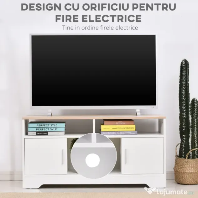 Mobilier pentru TV pana la 42", din fibra de lemn, 105x40x52cm, Alb si lemn natural HOMCOM | Aosom Romania