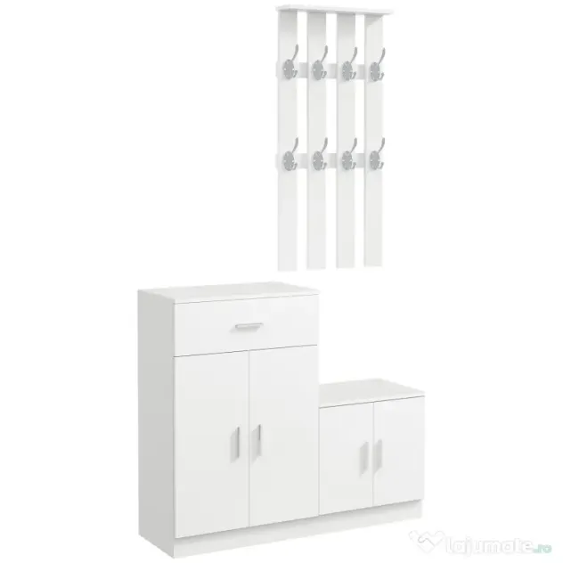 HOMCOM Mobilier de Hol cu Cuier din Lemn, Spațiu de Depozitare și Design Elegant, 100x32x187cm, Alb | Aosom Romania