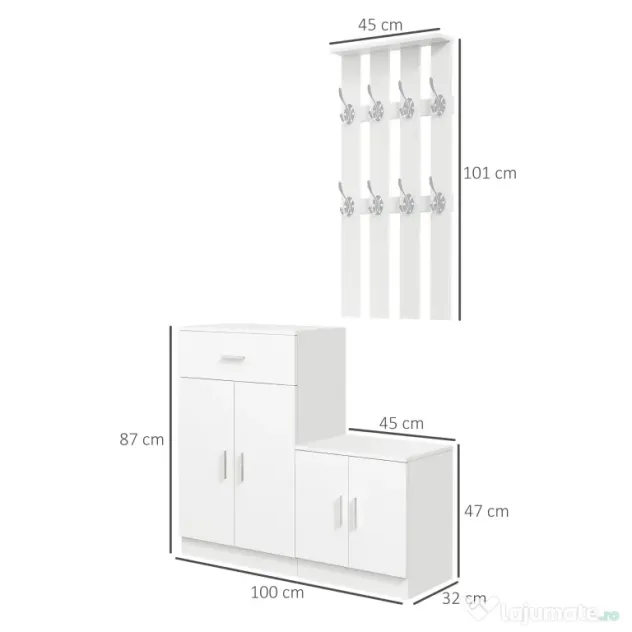 HOMCOM Mobilier de Hol cu Cuier din Lemn, Spațiu de Depozitare și Design Elegant, 100x32x187cm, Alb | Aosom Romania