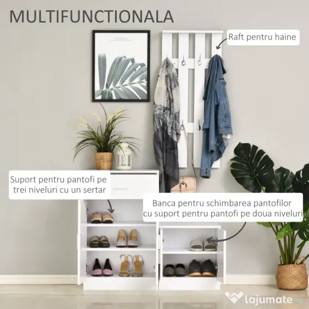 HOMCOM Mobilier de Hol cu Cuier din Lemn, Spațiu de Depozitare și Design Elegant, 100x32x187cm, Alb | Aosom Romania