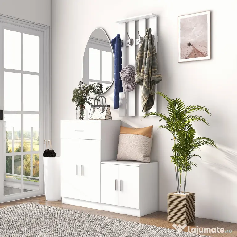 HOMCOM Mobilier de Hol cu Cuier din Lemn, Spațiu de Depozitare și Design Elegant, 100x32x187cm, Alb | Aosom Romania