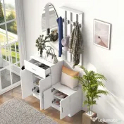 HOMCOM Mobilier de Hol cu Cuier din Lemn, Spațiu de Depozitare și Design Elegant, 100x32x187cm, Alb | Aosom Romania 