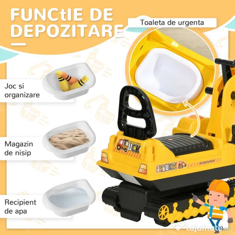 Excavator de jucarie pentru copii HOMCOM, 78x24x58,5cm, galben | Aosom Romania
