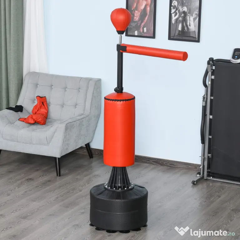 HOMCOM Sac de Box Ajustabil pe Înălțime, Bară Rotativă și Bază Umplută, 88x48x155-205 cm, Roșu