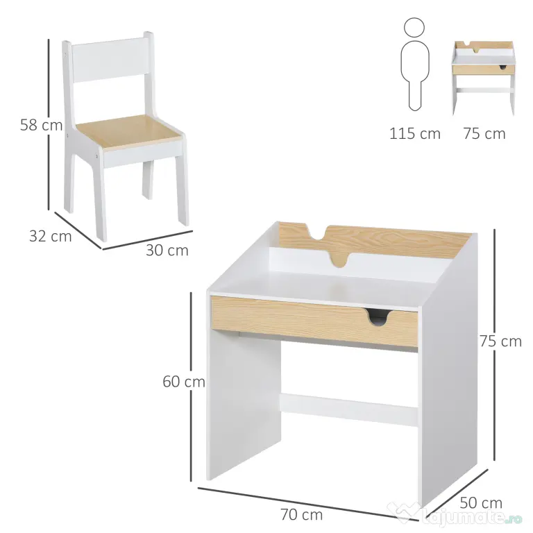 HOMCOM Set Birou și Scaun pentru Copii 6-10 Ani cu Raft și Sertar | Aosom Romania