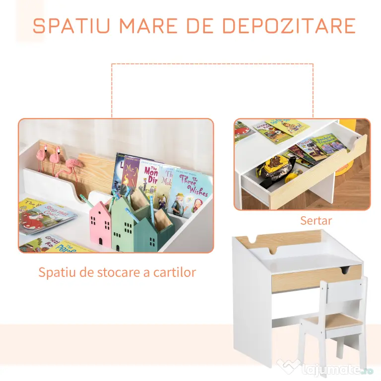 HOMCOM Set Birou și Scaun pentru Copii 6-10 Ani cu Raft și Sertar | Aosom Romania