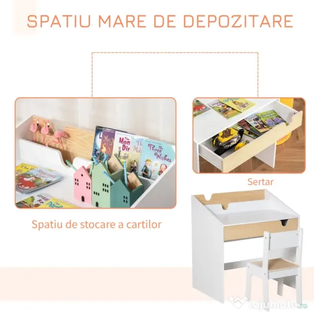 HOMCOM Set Birou și Scaun pentru Copii 6-10 Ani cu Raft și Sertar | Aosom Romania