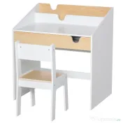 HOMCOM Set Birou și Scaun pentru Copii cu Sertar și Raft, Margini Rotunjite, Vârsta 6-10 Ani, Alb și Lemn 