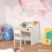 HOMCOM Set Birou și Scaun pentru Copii cu Sertar și Raft, Margini Rotunjite, Vârsta 6-10 Ani, Alb și Lemn 