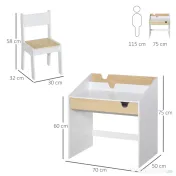HOMCOM Set Birou și Scaun pentru Copii cu Sertar și Raft, Margini Rotunjite, Vârsta 6-10 Ani, Alb și Lemn 