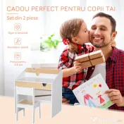 HOMCOM Set Birou și Scaun pentru Copii cu Sertar și Raft, Margini Rotunjite, Vârsta 6-10 Ani, Alb și Lemn 