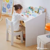 HOMCOM Set Birou și Scaun pentru Copii cu Sertar și Raft, Margini Rotunjite, Vârsta 6-10 Ani, Alb și Lemn 