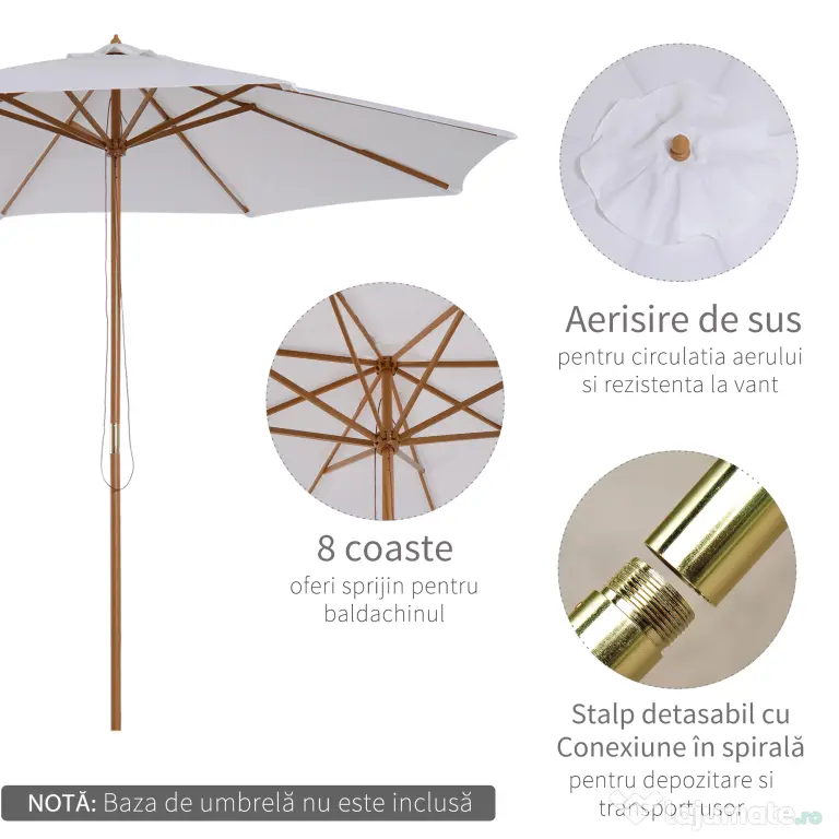 Outsunny Umbrela din Lemn Umbrela Soare pentru Gradina Balcon Alb 3 m | Aosom Romania