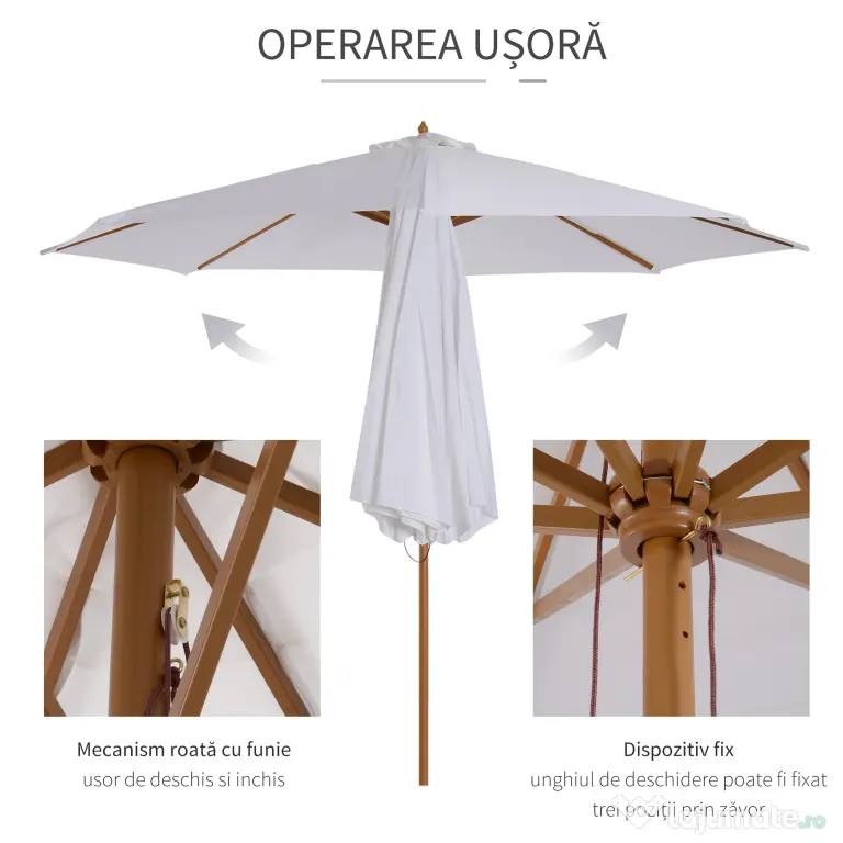 Outsunny Umbrela din Lemn Umbrela Soare pentru Gradina Balcon Alb 3 m | Aosom Romania