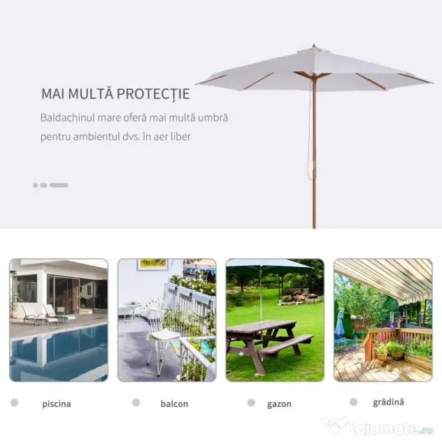 Outsunny Umbrela din Lemn Umbrela Soare pentru Gradina Balcon Alb 3 m | Aosom Romania