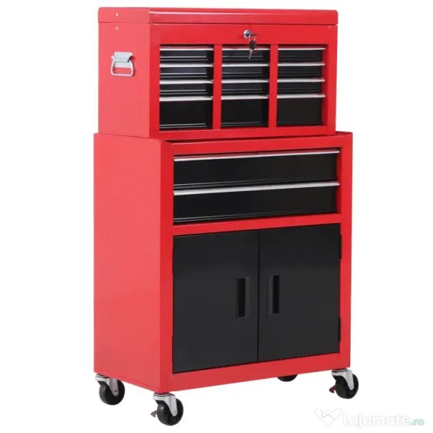 HOMCOM Cărucior pentru Scule cu 6 Sertare, Dulap de Depozitare 2 în 1 cu Încuietoare, Cutie Metalică pentru Atelier, Roșu