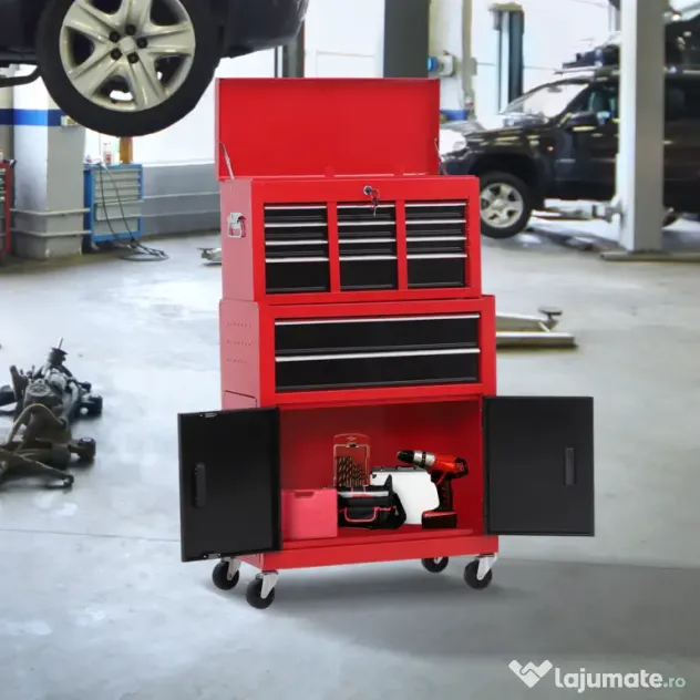 HOMCOM Cărucior pentru Scule cu 6 Sertare, Dulap de Depozitare 2 în 1 cu Încuietoare, Cutie Metalică pentru Atelier, Roșu