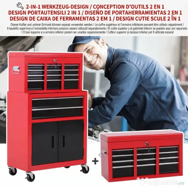 HOMCOM Cărucior pentru Scule cu 6 Sertare, Dulap de Depozitare 2 în 1 cu Încuietoare, Cutie Metalică pentru Atelier, Roșu