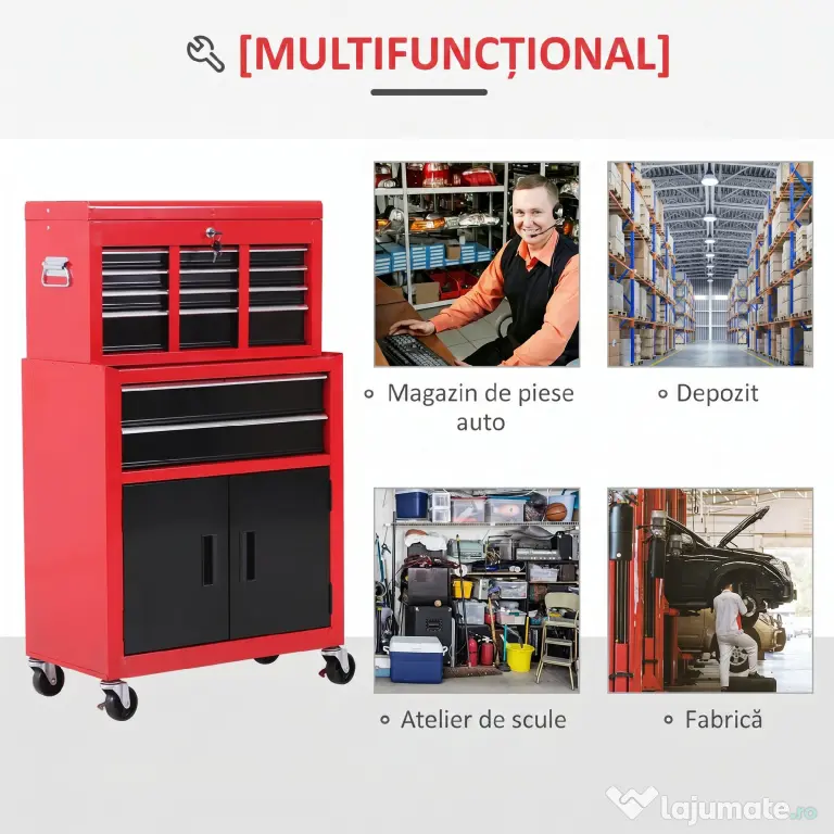 HOMCOM Cărucior pentru Scule cu 6 Sertare, Dulap de Depozitare 2 în 1 cu Încuietoare, Cutie Metalică pentru Atelier, Roșu
