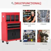 HOMCOM Cărucior pentru Scule cu 6 Sertare, Dulap de Depozitare 2 în 1 cu Încuietoare, Cutie Metalică pentru Atelier, Roșu 
