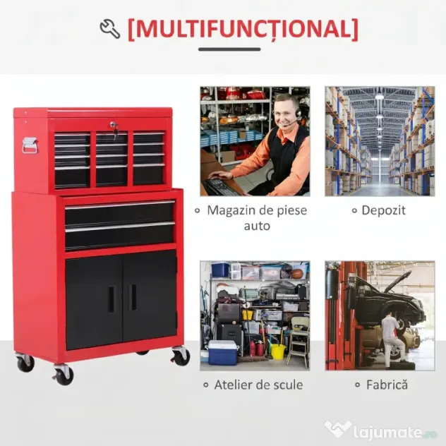 HOMCOM Cărucior pentru Scule cu 6 Sertare, Dulap de Depozitare 2 în 1 cu Încuietoare, Cutie Metalică pentru Atelier, Roșu